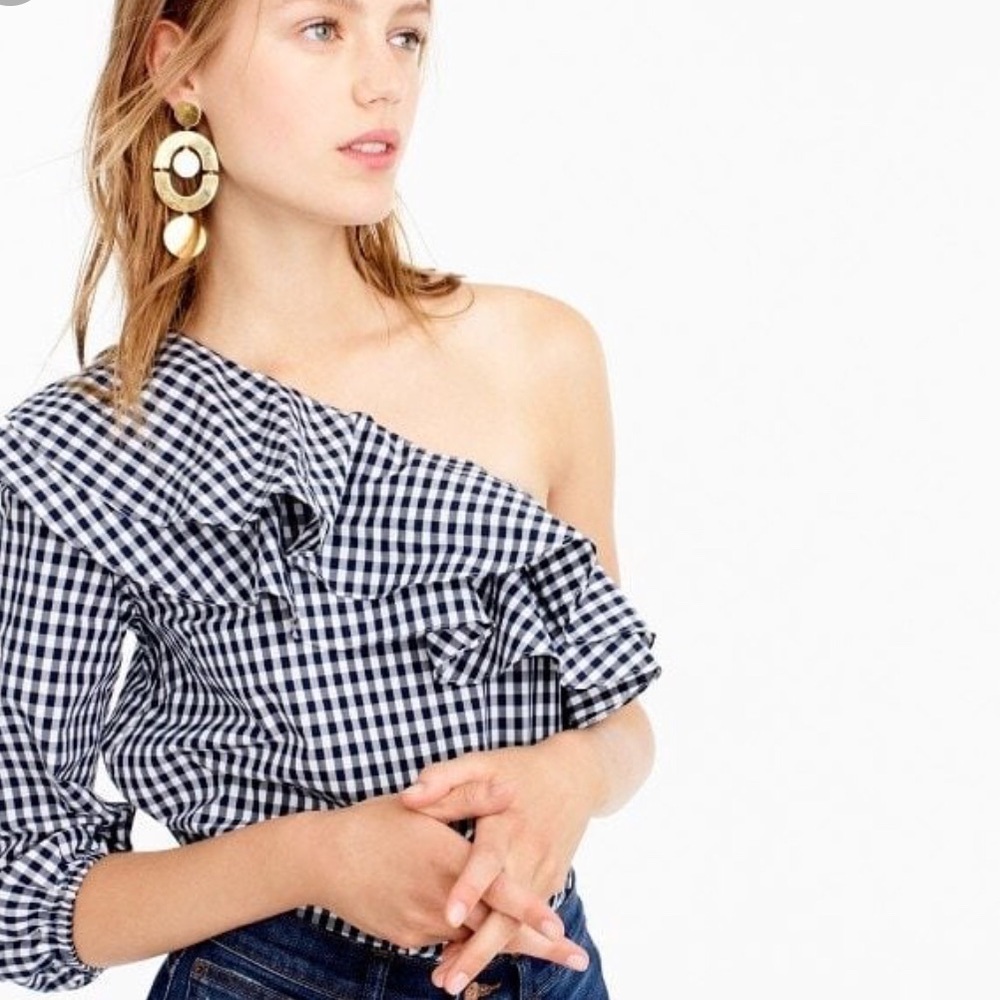 JCrew Ruffle one shoulder gingham top